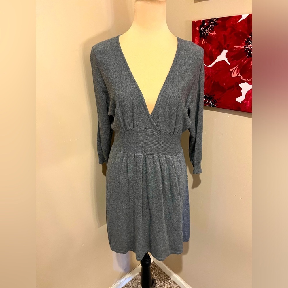 Express Deep V Grey Mini Dress, Wide Waist Band, size S
